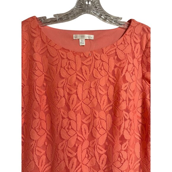 London Times Coral Lace Floral Dress Size 8 3/4 Sleeve Scoop Neck Fully Lined - Picture 3 of 6